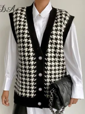 Women Button Black Houndstooth Cardigan