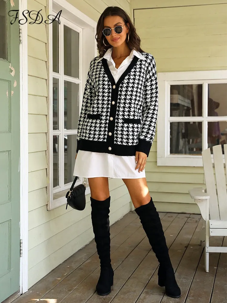 Women Button Black Houndstooth Cardigan