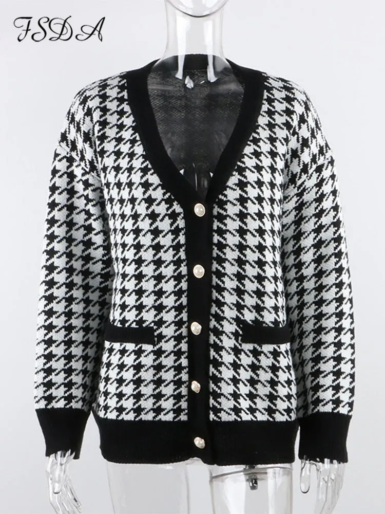 Women Button Black Houndstooth Cardigan