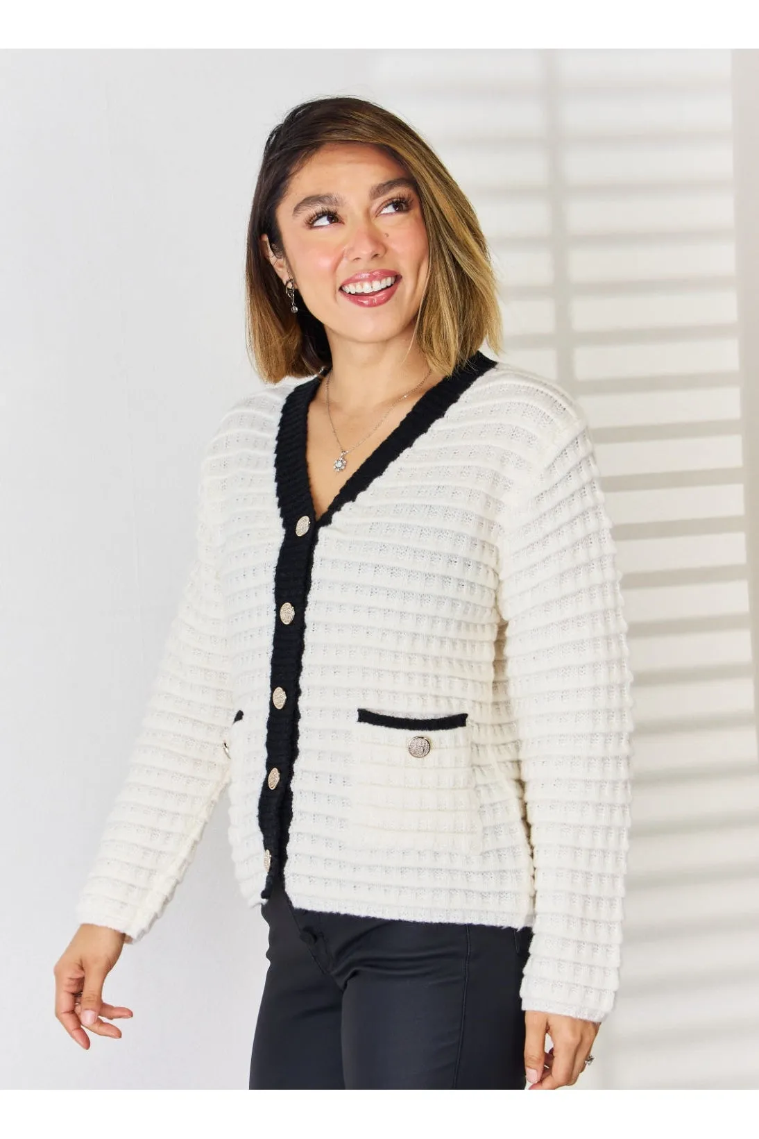 Women Contrast Trim Button Up Cardigan