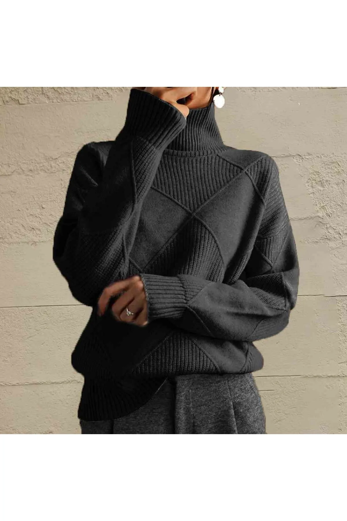Women Geometric Turtleneck Long Sleeve Sweater
