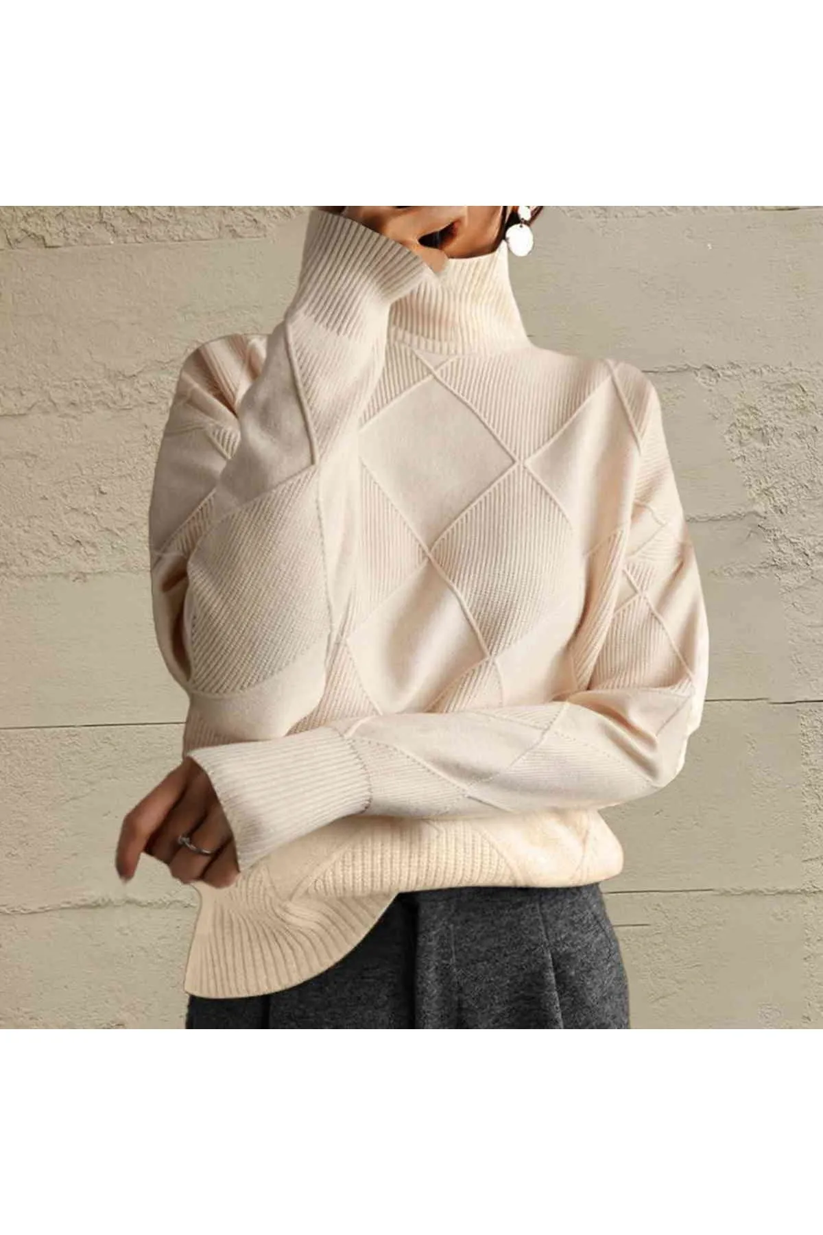 Women Geometric Turtleneck Long Sleeve Sweater