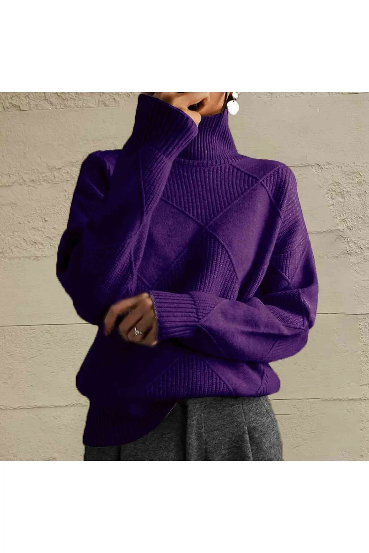 Women Geometric Turtleneck Long Sleeve Sweater