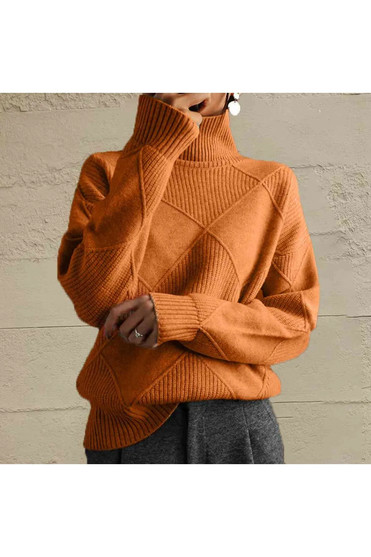 Women Geometric Turtleneck Long Sleeve Sweater