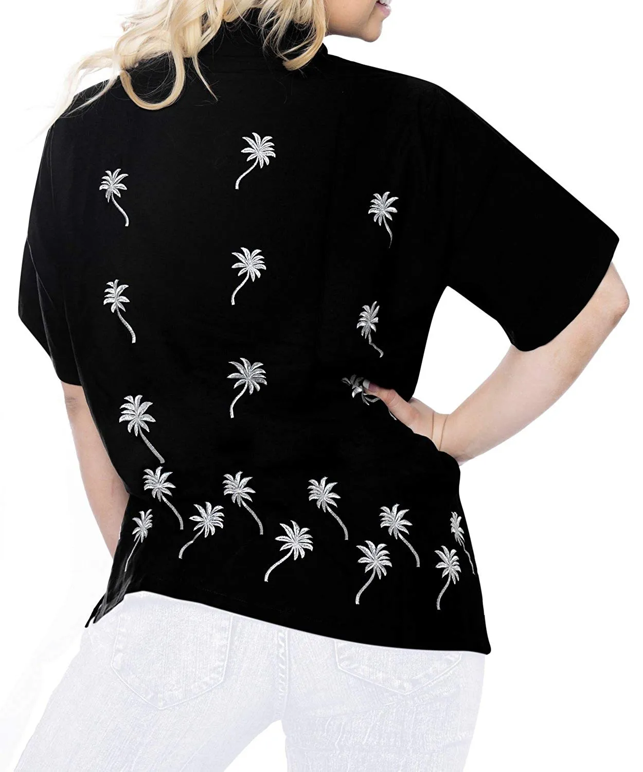 Women Hawaiian Shirt Casual Embroidery Blouses Workwear Short Sleeve Dress Top