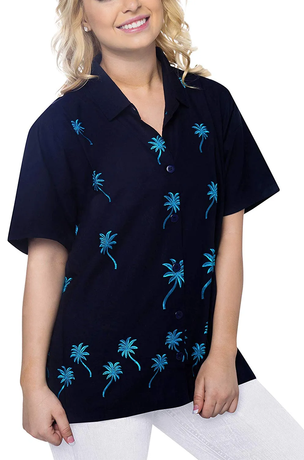 Women Hawaiian Shirt Casual Embroidery Blouses Workwear Short Sleeve Dress Top