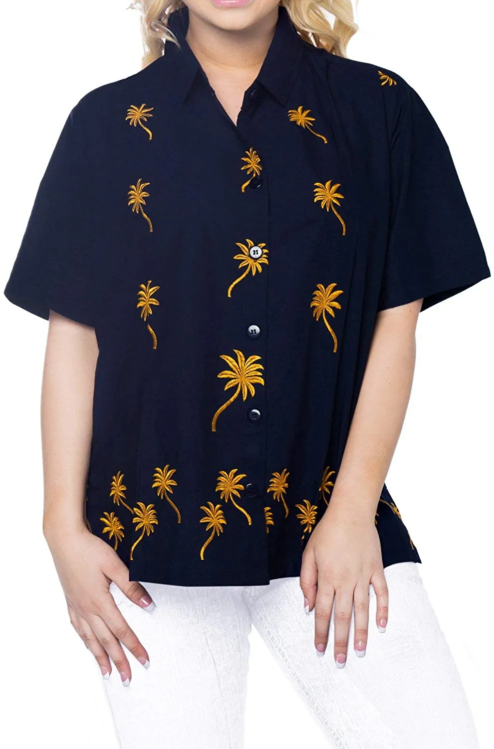 Women Hawaiian Shirt Casual Embroidery Blouses Workwear Short Sleeve Dress Top