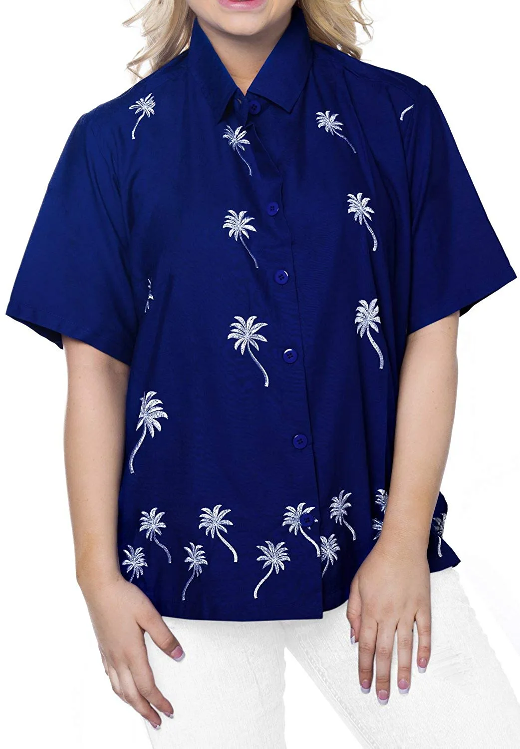 Women Hawaiian Shirt Casual Embroidery Blouses Workwear Short Sleeve Dress Top