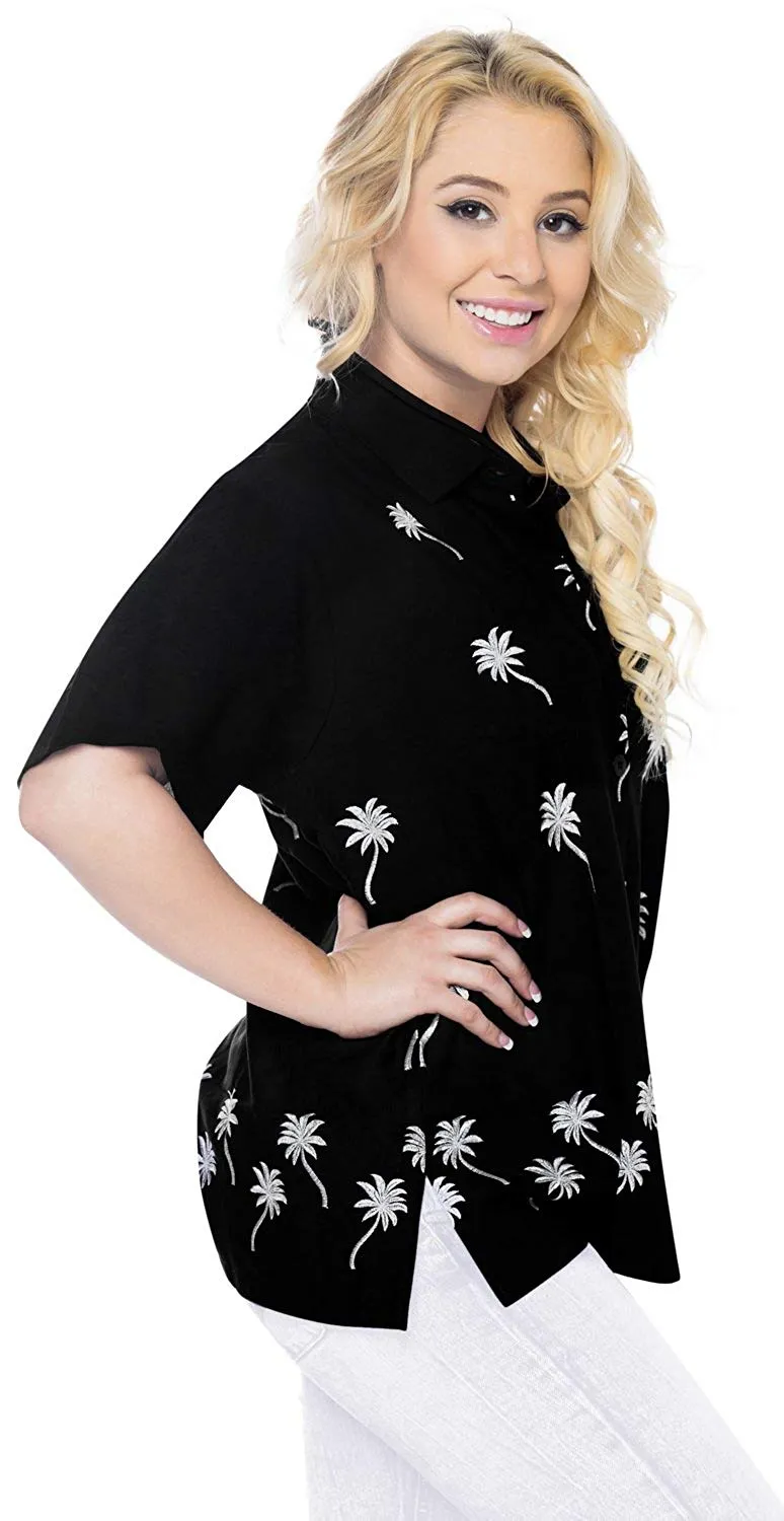 Women Hawaiian Shirt Casual Embroidery Blouses Workwear Short Sleeve Dress Top