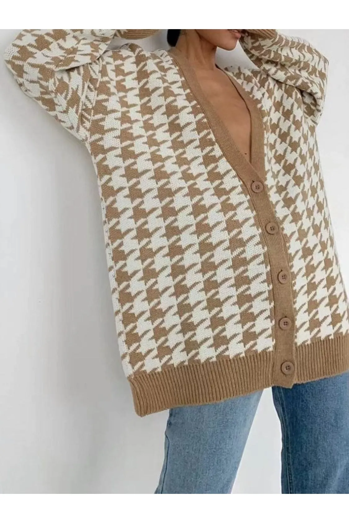 Women Houndstooth Button Up Long Sleeve Cardigan