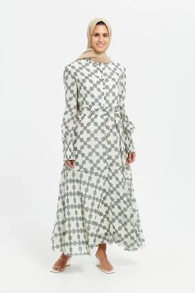 Women Ivory Geometric Print High Neck Belted Maxi Dress
