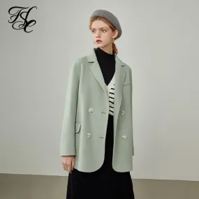 Women  New Light Green Full Wool Double-breasted Short Blazer Commuter Winter Warming Casual Woolen Coats