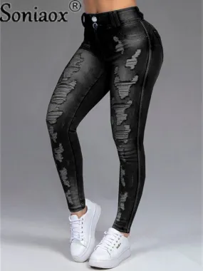Women Pants High Stretch Jeans High Waist Skinny Ripped Vintage Hole Slim Large Full Length Distressed Trousers 2021