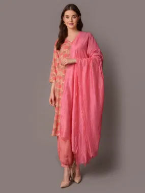 Women Pink Floral Printed Kurta Harem Pant Dupatta