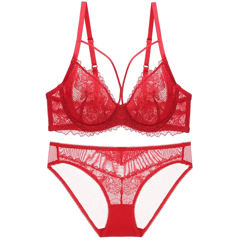 Women Pure Lust Style Red Bra Lace underwear Set Women's Thin Push-up Bra Set
