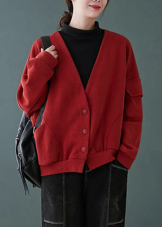 Women Red V Neck Button Pockets Patchwork Cotton Coats Fall