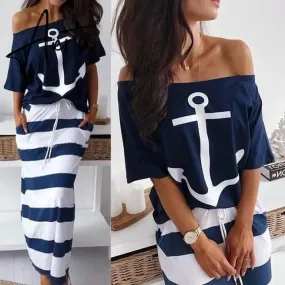 Women Sexy Off Shoulder Dress Summer Casual 2 Piece Set Dresses Hope Boat Anchor Print Slash Neck T-Shirt Top Striped Skirt Sets