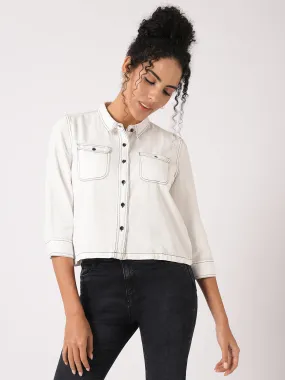 Women Slim Fit White Crop Shirt