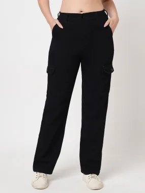 Women Solid Black High-Rise Cargo