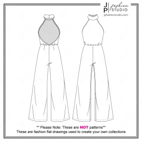 Women Wide Leg Halter Jumpsuit Fashion Flat Sketch / Fashion Technical Drawing / High mock neck and halter bodice high-waist jumpsuit / Women Fashion CAD design for Adobe Illustrator