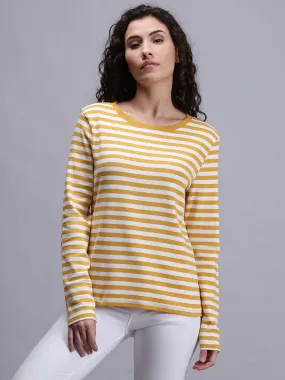 Women Yellow Striped Crew Neck T-shirt