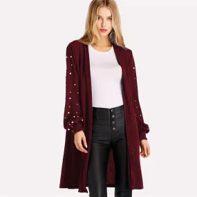 Women's Autumn Knitted Long Sleeve Cardigan With Pearl