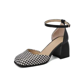 Women's Bicolor Square Toe Ankle Strap Block Heel Sandals
