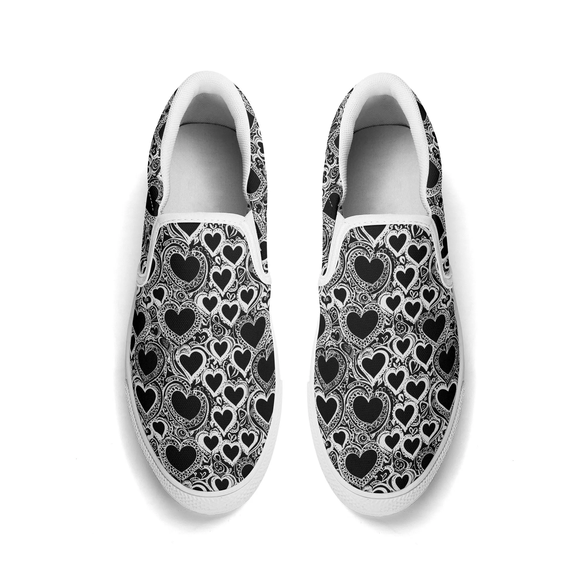 Womens Black and White Groovy Hearts Rubber Slip On Shoes