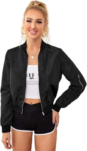 Womens Black Bomber Jacket with Sleeve Zipper