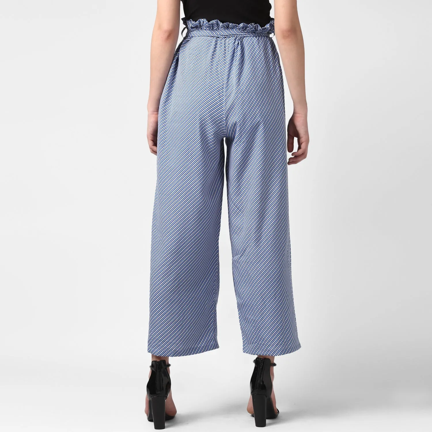 Women's Blue Stripe Paperbag Pants with elasticated waistband - StyleStone
