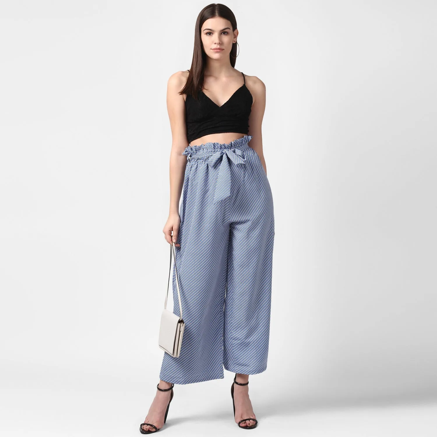 Women's Blue Stripe Paperbag Pants with elasticated waistband - StyleStone