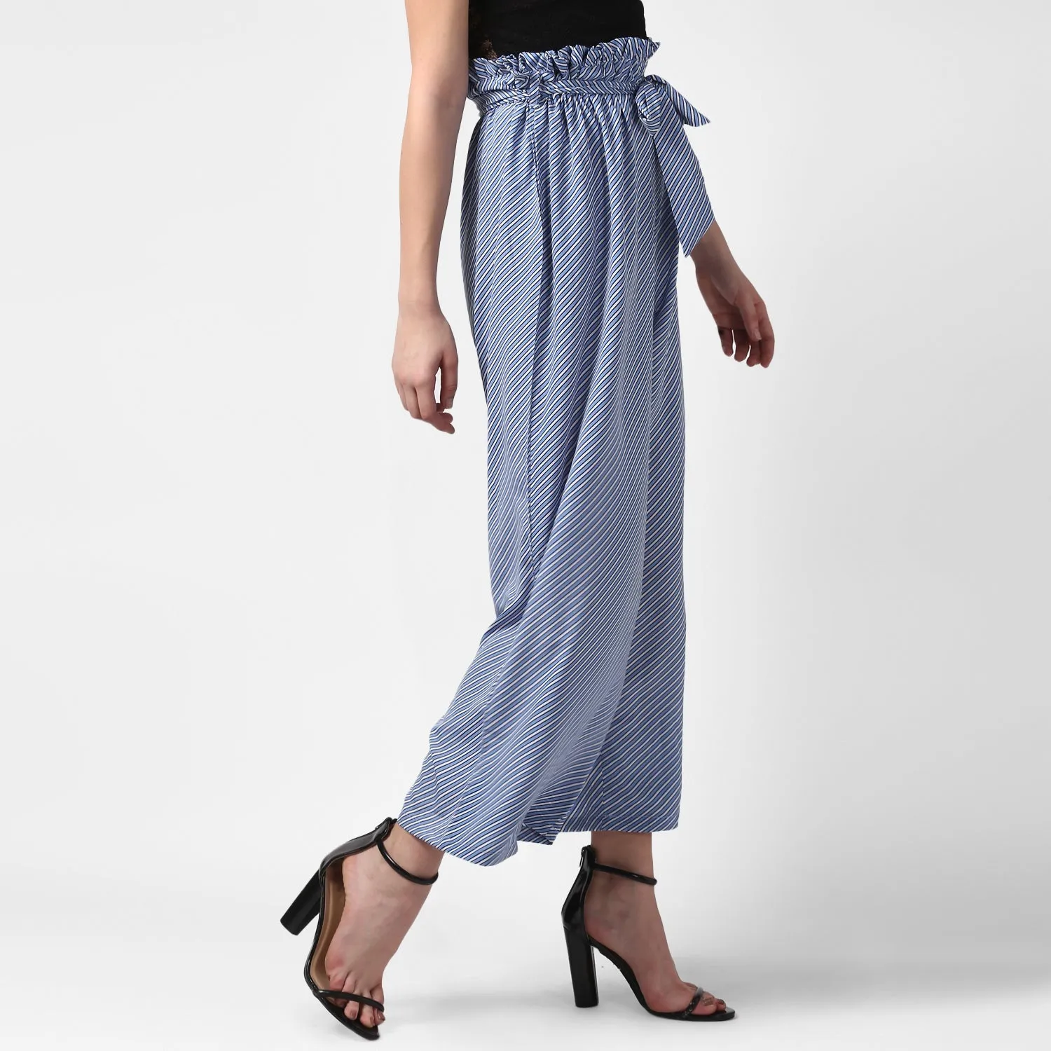 Women's Blue Stripe Paperbag Pants with elasticated waistband - StyleStone