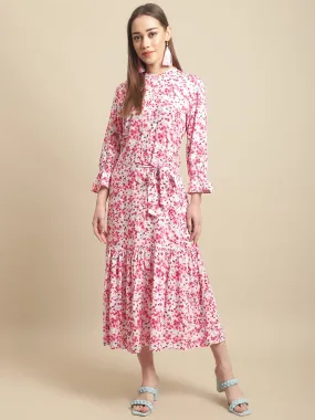 Women's Casual Round neck Red Ditsy Floral Print Fit & Flared Dress