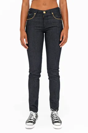 WOMENS CLASSIC 5 POCKET SKINNY JEANS WITH GOLD CRYSTALS IN RAW
