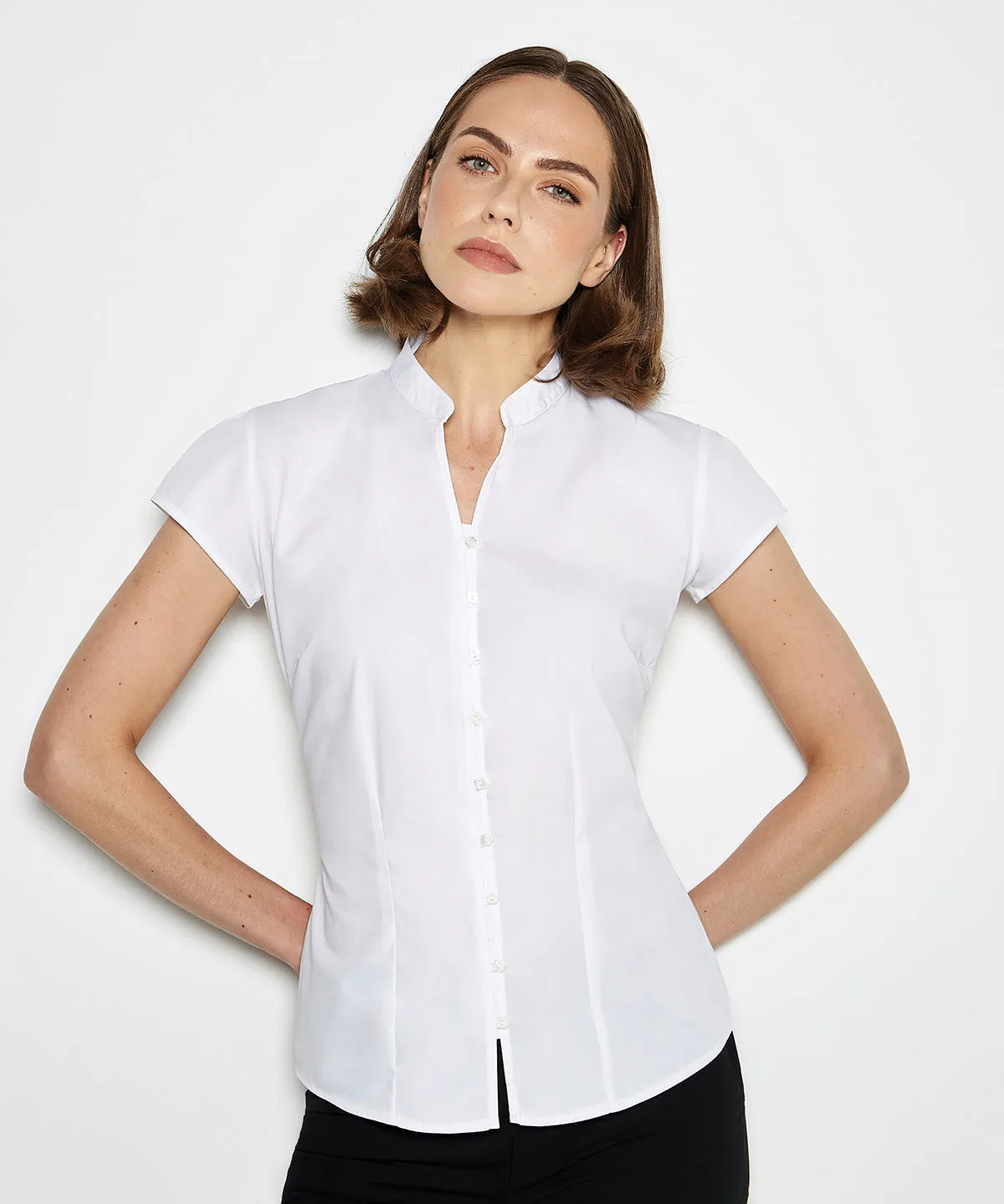 Womens continental blouse mandarin collar cap sleeve (tailored fit) | Black