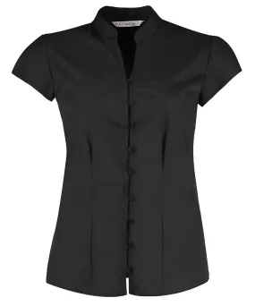 Womens continental blouse mandarin collar cap sleeve (tailored fit) | Black