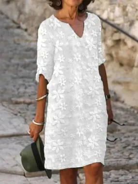 Women's Cotton Linen Dress Casual Dress Shift Dress Midi Dress Cotton Fashion Modern Outdoor Daily Vacation V Neck Print Half Sleeve Summer Spring 2023 Loose Fit White Blue Green Flower S M L XL 2XL