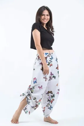 Women's Cotton Side Drawstring Palazzo Pants in Butterflies Pink