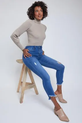 Women's Curvy Fit High Rise Frayed Slanted Ankle Jean