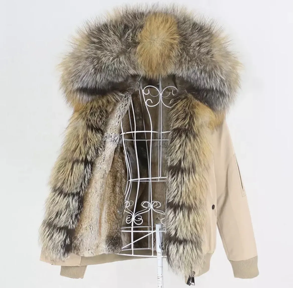 Women's Fox Fur Short Parka in Beige