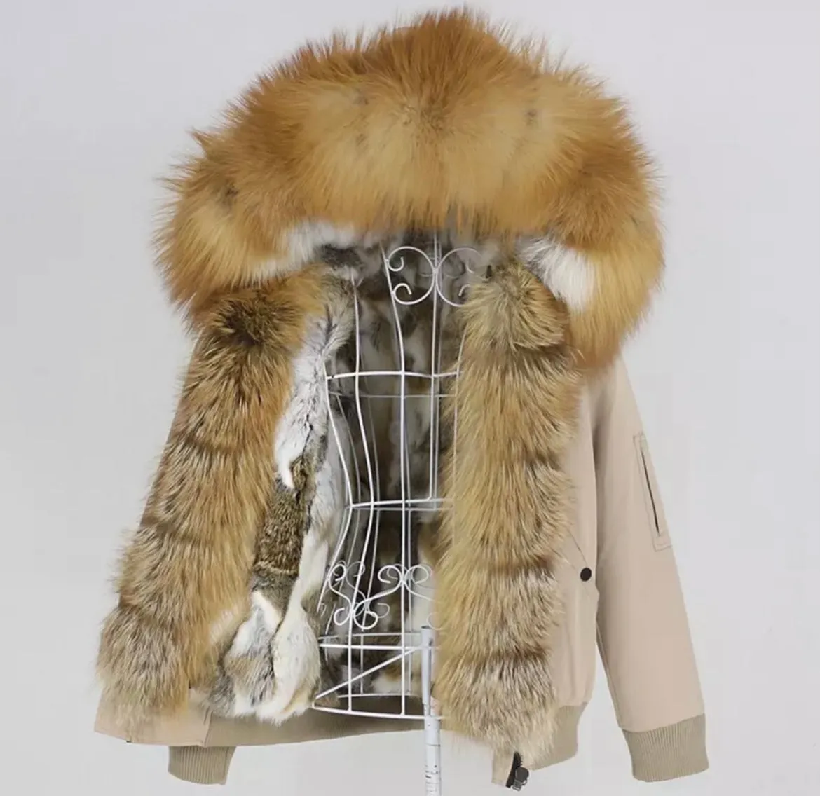 Women's Fox Fur Short Parka in Beige