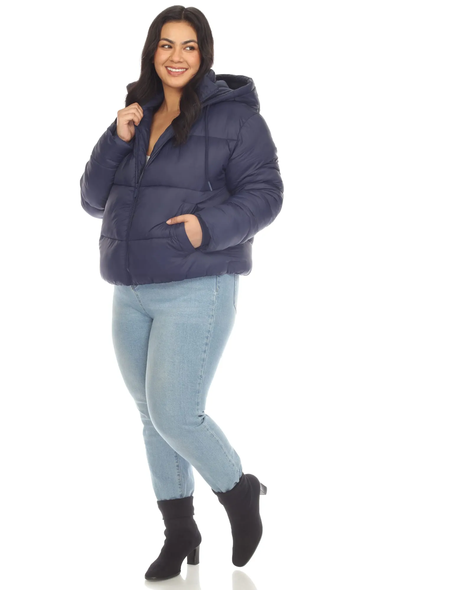 Women's Full Front Zip Hooded Bomber Puffer Coat | Navy