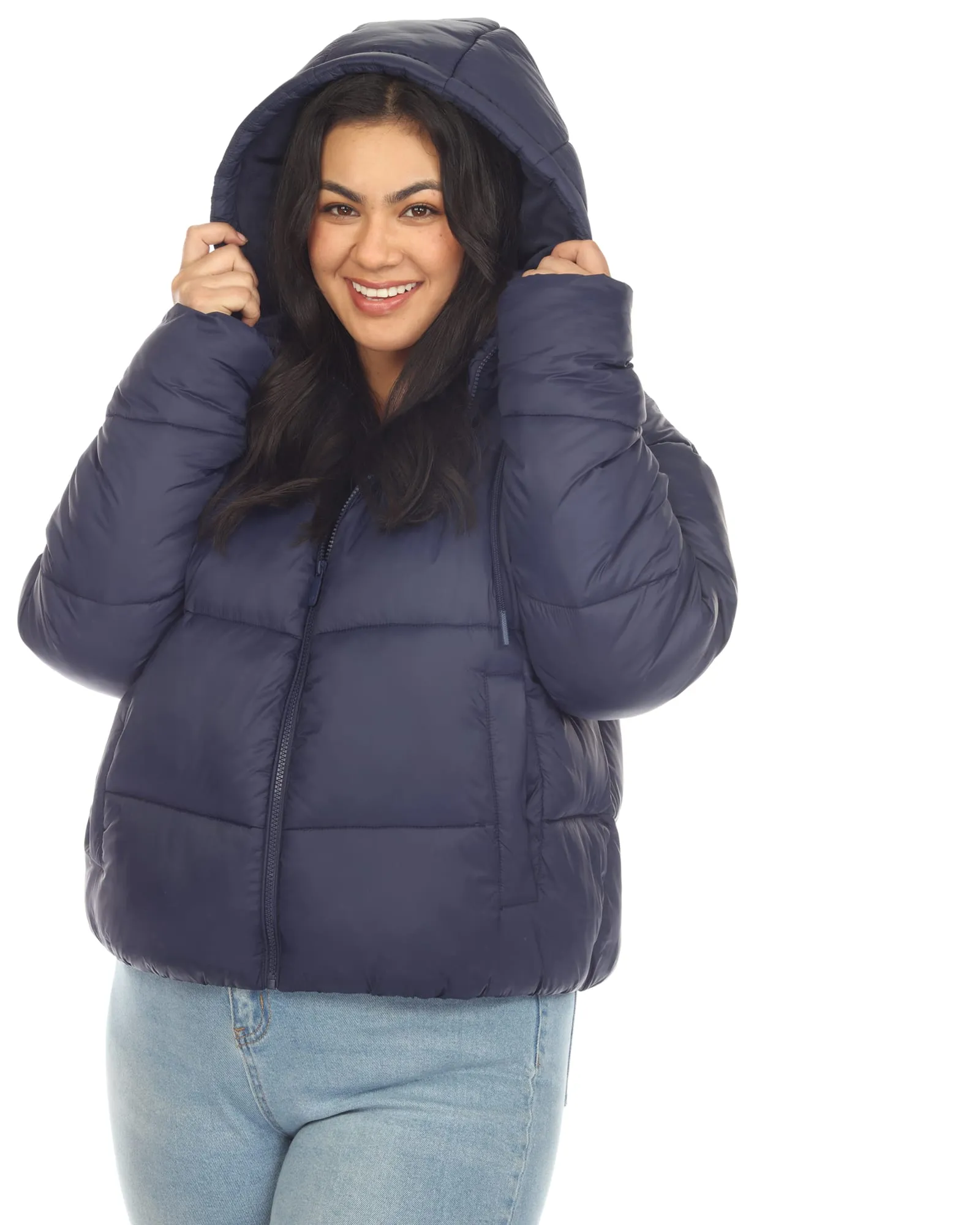 Women's Full Front Zip Hooded Bomber Puffer Coat | Navy