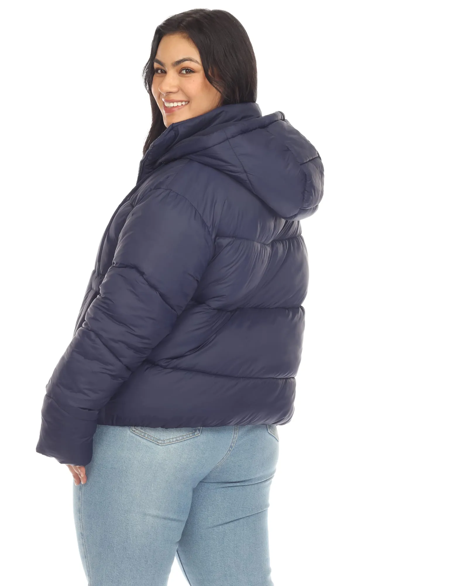 Women's Full Front Zip Hooded Bomber Puffer Coat | Navy