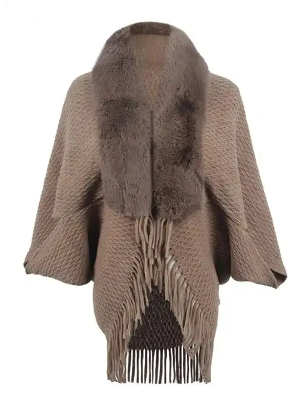 Women’s fur collar knitted tassel cape cardigan