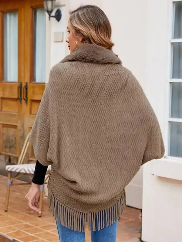 Women’s fur collar knitted tassel cape cardigan