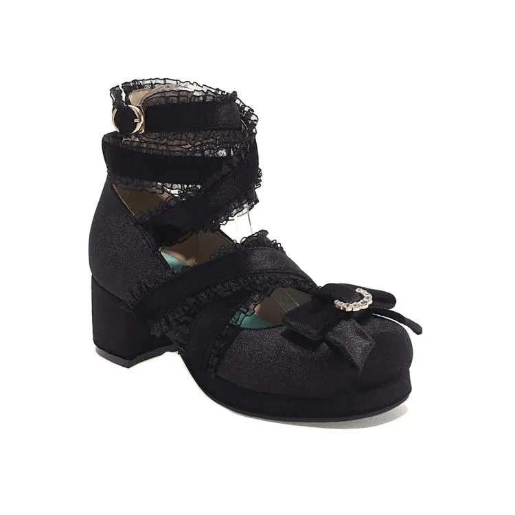 Women's Lolita Round Toe Butterfly Knot Cross Lace Strap High Heels Chunky Heel Platform Sandals