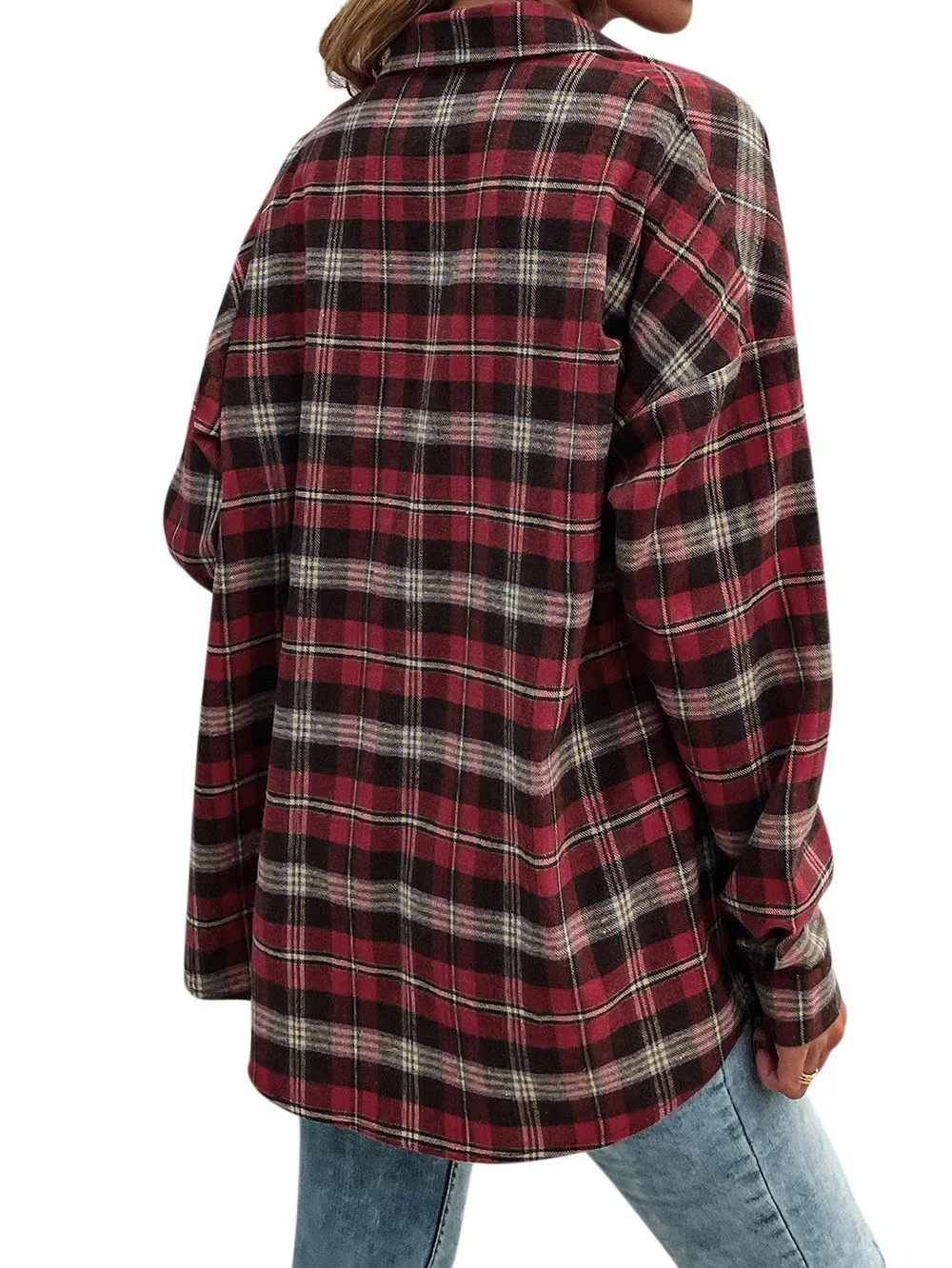 Women's Long Sleeve Collar Long Button Down Plaid Shirt Blouse Tops