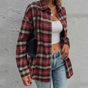Women's Long Sleeve Collar Long Button Down Plaid Shirt Blouse Tops