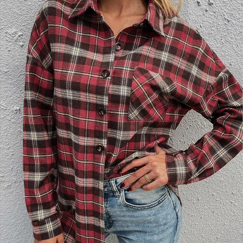 Women's Long Sleeve Collar Long Button Down Plaid Shirt Blouse Tops